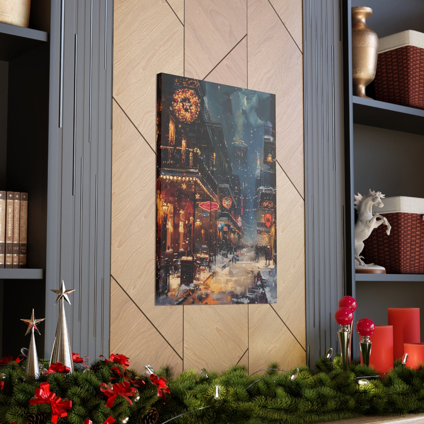 Christmas Time Downtown Street Corner - Rembrandt Style Digital Oil Painting Canvas Gallery Wraps