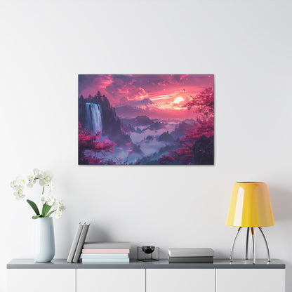 Dreamy Landscape Sunset with Waterfall and Mountains - Digital Illustration Canvas Gallery Wraps