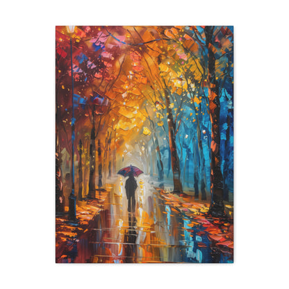 man walking through forest road with umbrella - Leonid Afremov Style Digital Print Canvas Gallery Wraps