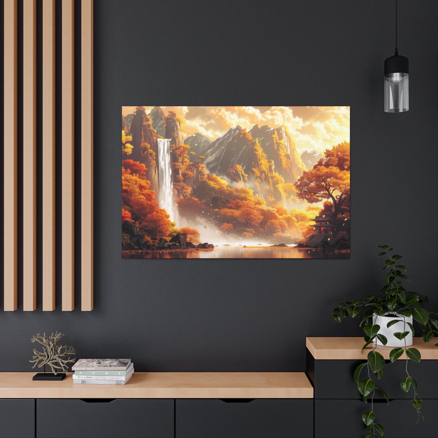 Dreamy Landscape Sunset with Waterfall and Mountains - Digital Illustration Canvas Gallery Wraps