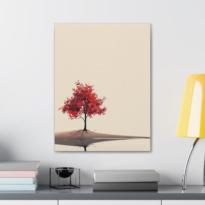 Lone Tree with Red Leaves - Portrait Illustration Canvas Gallery Wraps