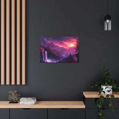 Dreamy Landscape with Waterfall and Mountains - Purple Evening Digital Illustration Canvas Gallery Wraps