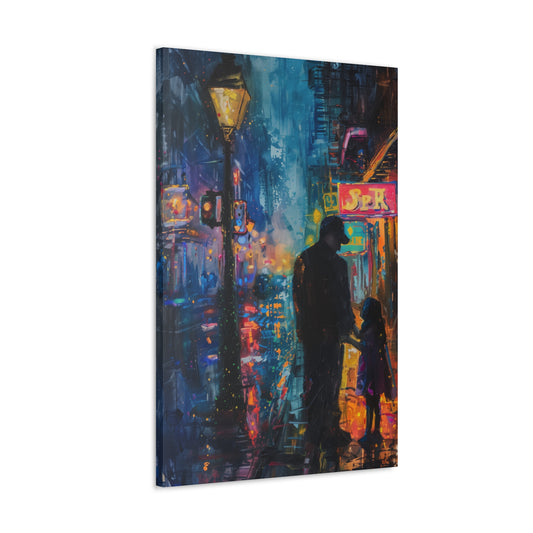 Father and Daughter Walking on the Street - Rembrandt Style Digital Oil Painting Canvas Gallery Wraps