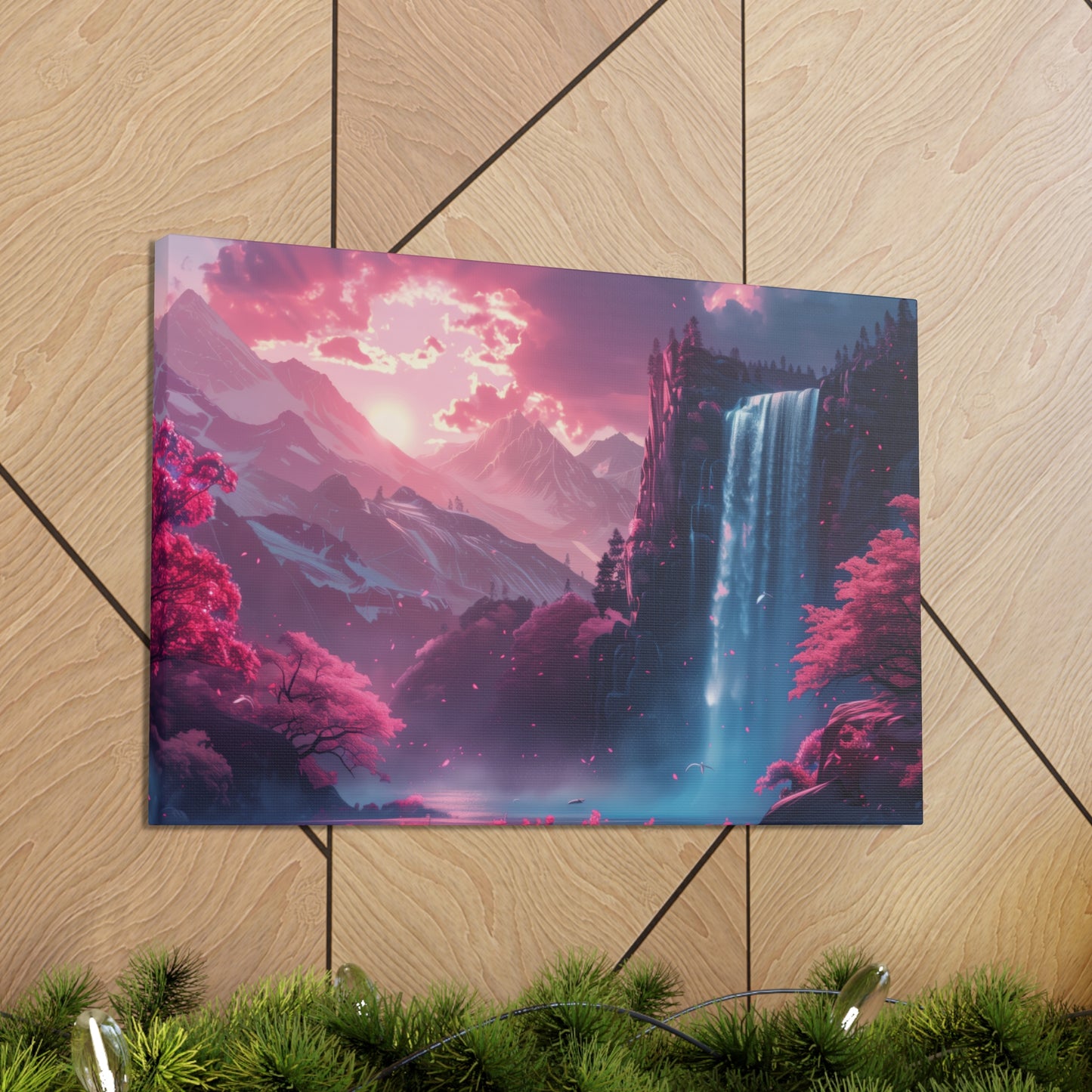 Dreamy Landscape Sunset with Waterfall and Mountains - Digital Illustration Canvas Gallery Wraps