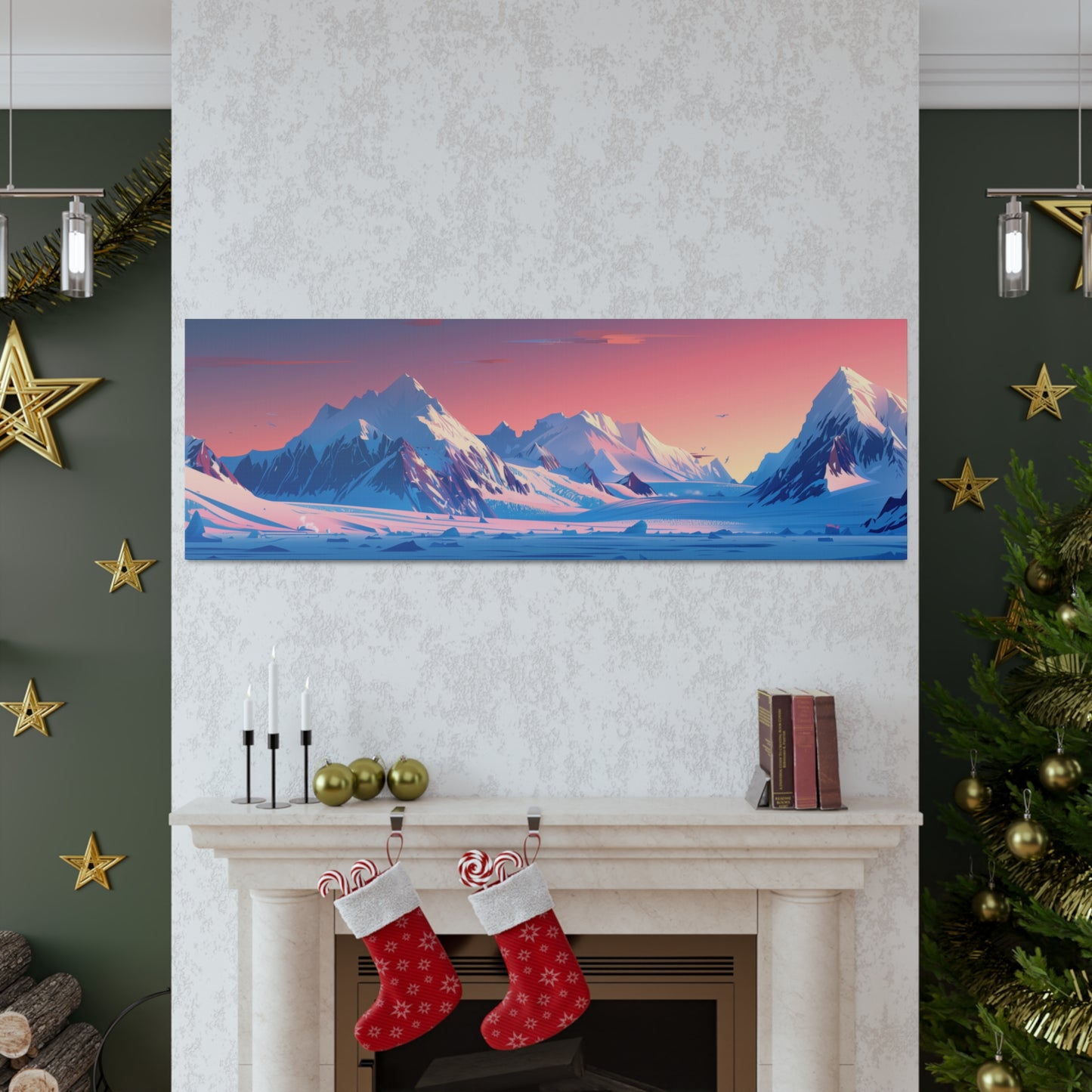 Snowy Mountain Evening in Alaska - Digital Landscape Illustration Panorama Canvas Gallery Wraps