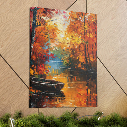 Boat in river side which flows through autumn forest - Leonid Afremov Style Digital Print Canvas Gallery Wraps