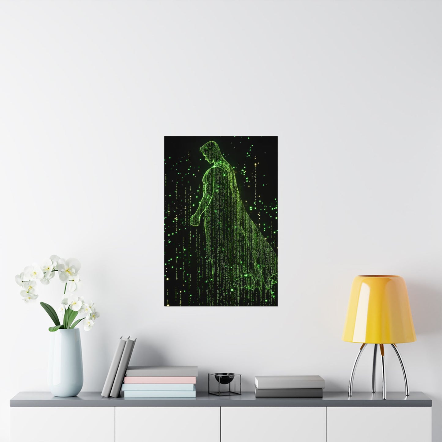 Neon Code Guardian: 3D Glitch Superman Matrix Effect - Digital Illustration Matte Vertical Poster