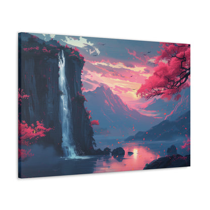 Dreamy Landscape with Waterfall and Mountains - Purple Evening Digital Illustration Canvas Gallery Wraps