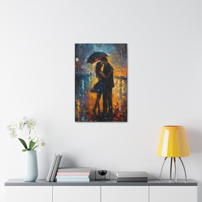 couple in the city streets in a rainy day with umbrella - Leonid Afremov Style Digital Print Canvas Gallery Wraps