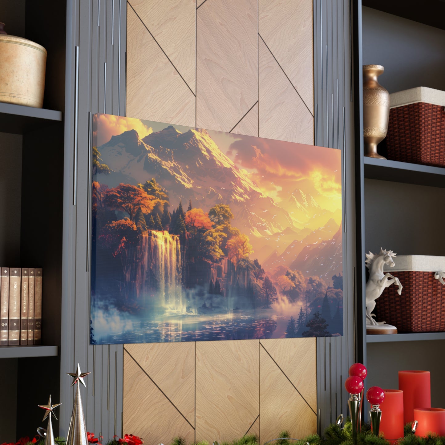 Dreamy Landscape Sunset with Waterfall and Mountains - Digital Illustration Canvas Gallery Wraps