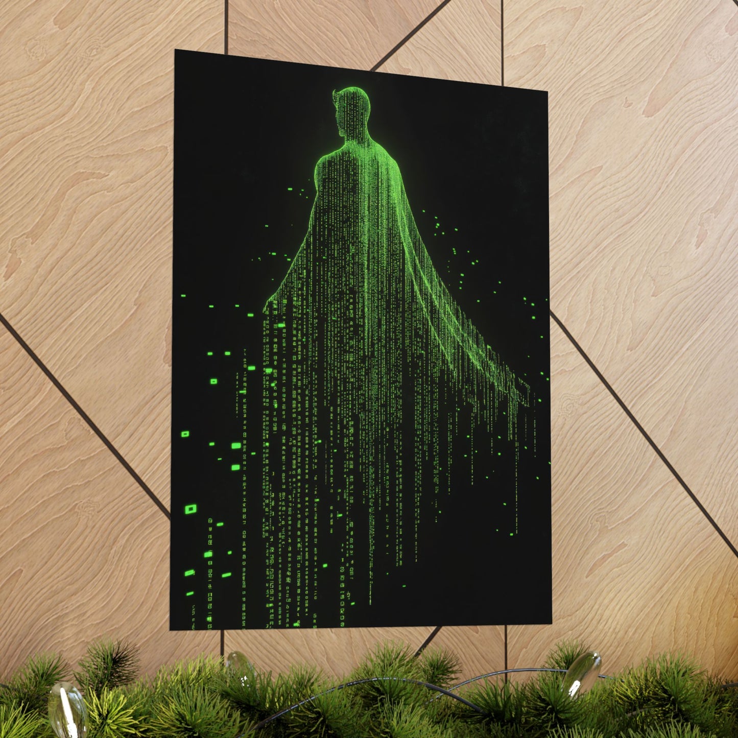 Neon Code Guardian: 3D Glitch Superman Matrix Effect - Digital Illustration Matte Vertical Poster