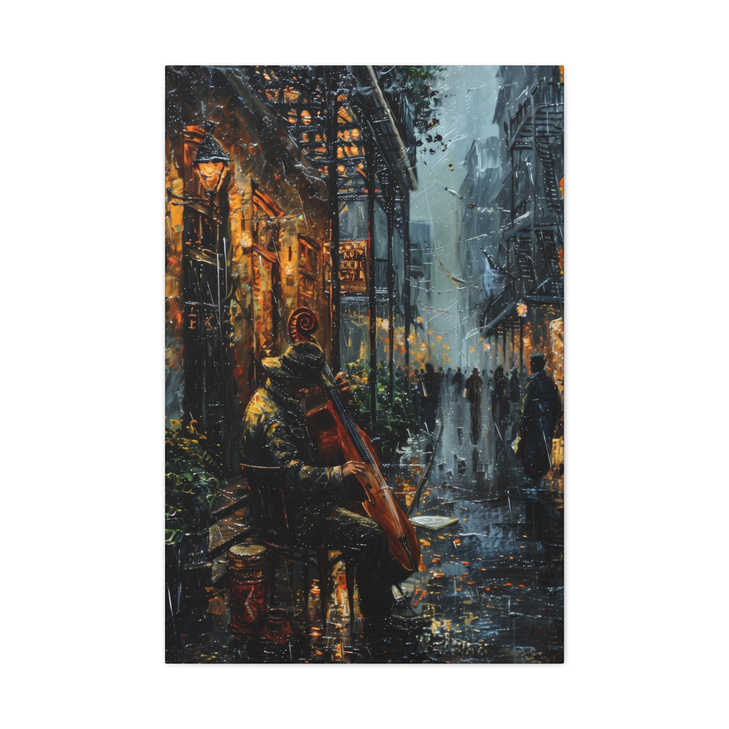 Street Harpist - Rembrandt Style Digital Oil Painting Canvas Gallery Wraps