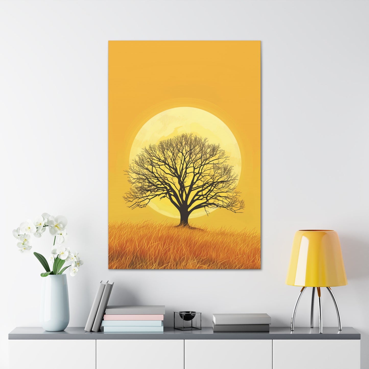 A Leafless Tree in a Golden Evening Digital illustration Canvas Gallery Wraps