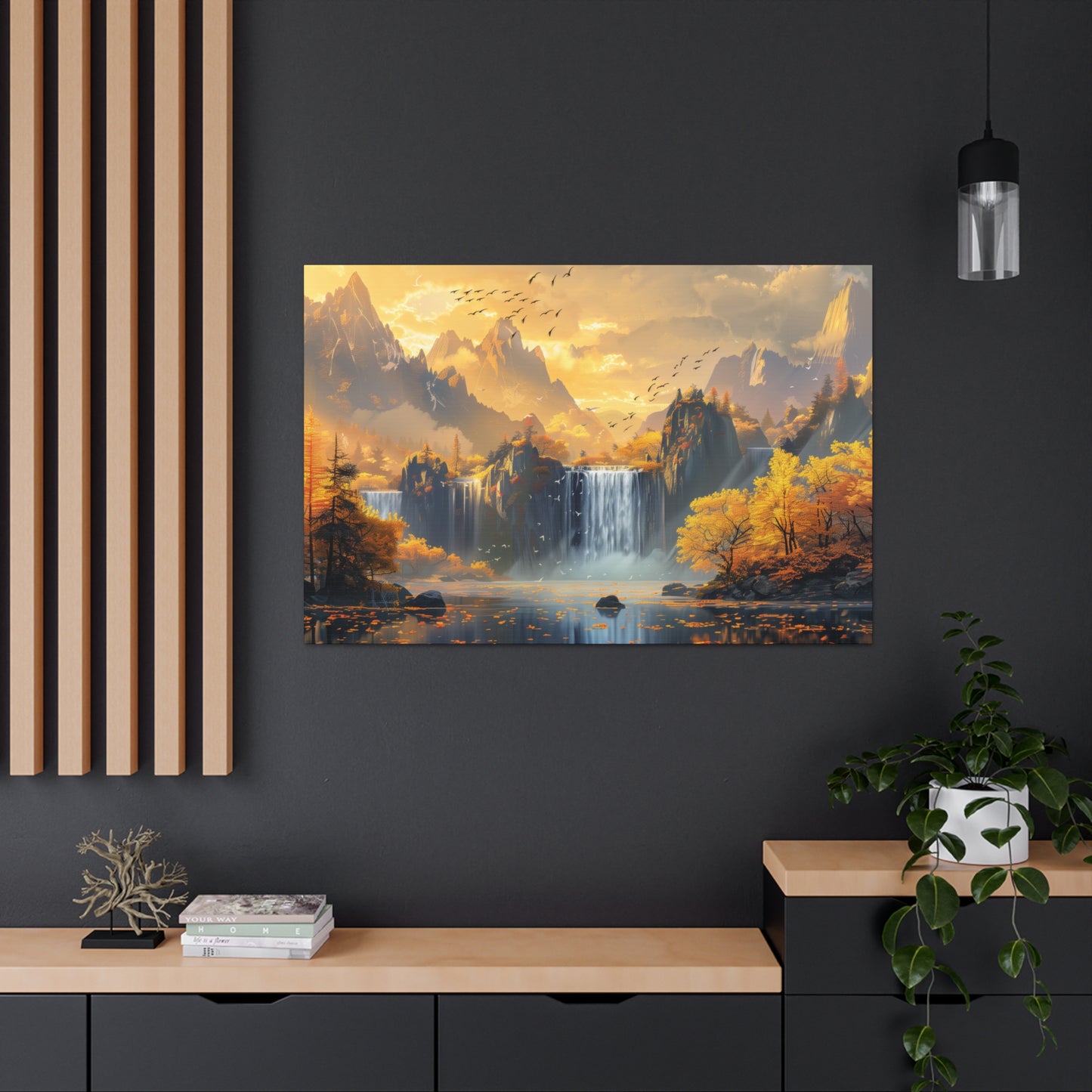 Dreamy Landscape Sunset with Waterfall and Mountains - Digital Illustration Canvas Gallery Wraps