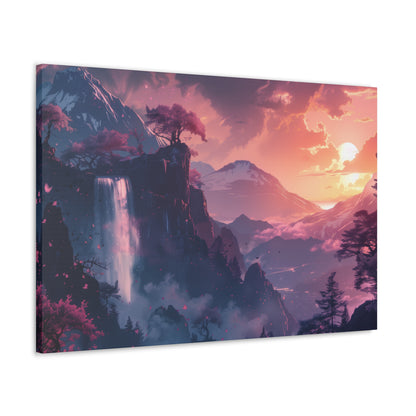 Dreamy Landscape with Waterfall and Mountains - Purple Evening Digital Illustration Canvas Gallery Wraps