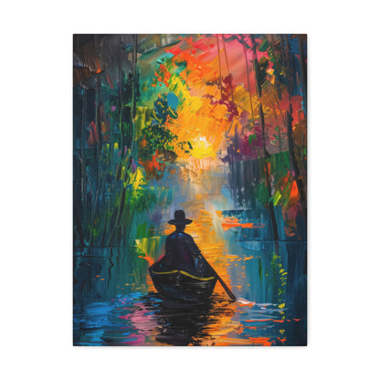 Man Sailing in a Boat in a Autumn Forest River - Claude Monet Style Digital Print Canvas Gallery Wraps