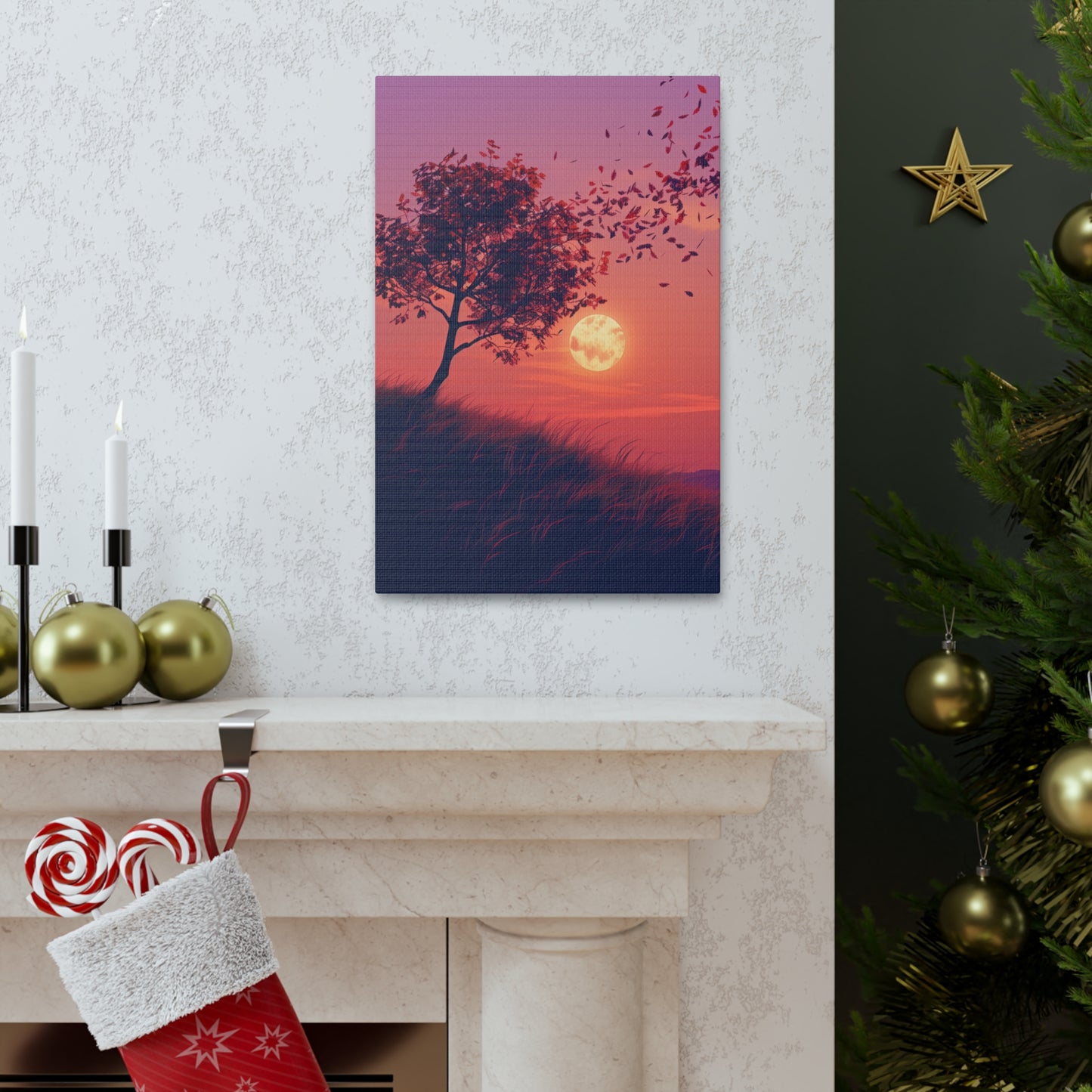 Tree in a Purple Sunset Digital Illustration Canvas Gallery Wraps