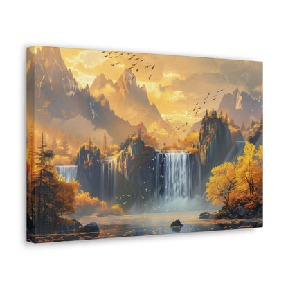 Dreamy Landscape Sunset with Waterfall and Mountains - Digital Illustration Canvas Gallery Wraps