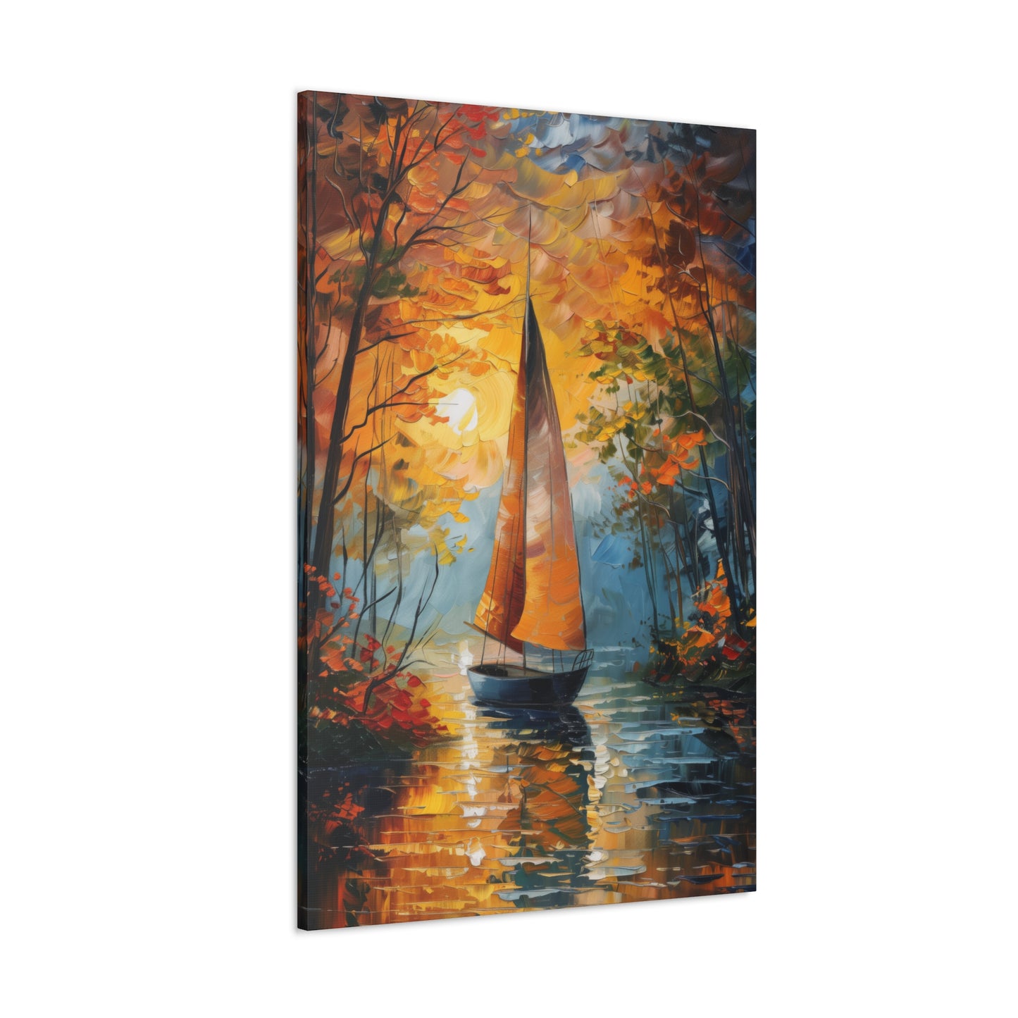 A Boat Sailing Through the Wild River - Leonid Afremov Style Digital Oil Painting Canvas Gallery Wraps