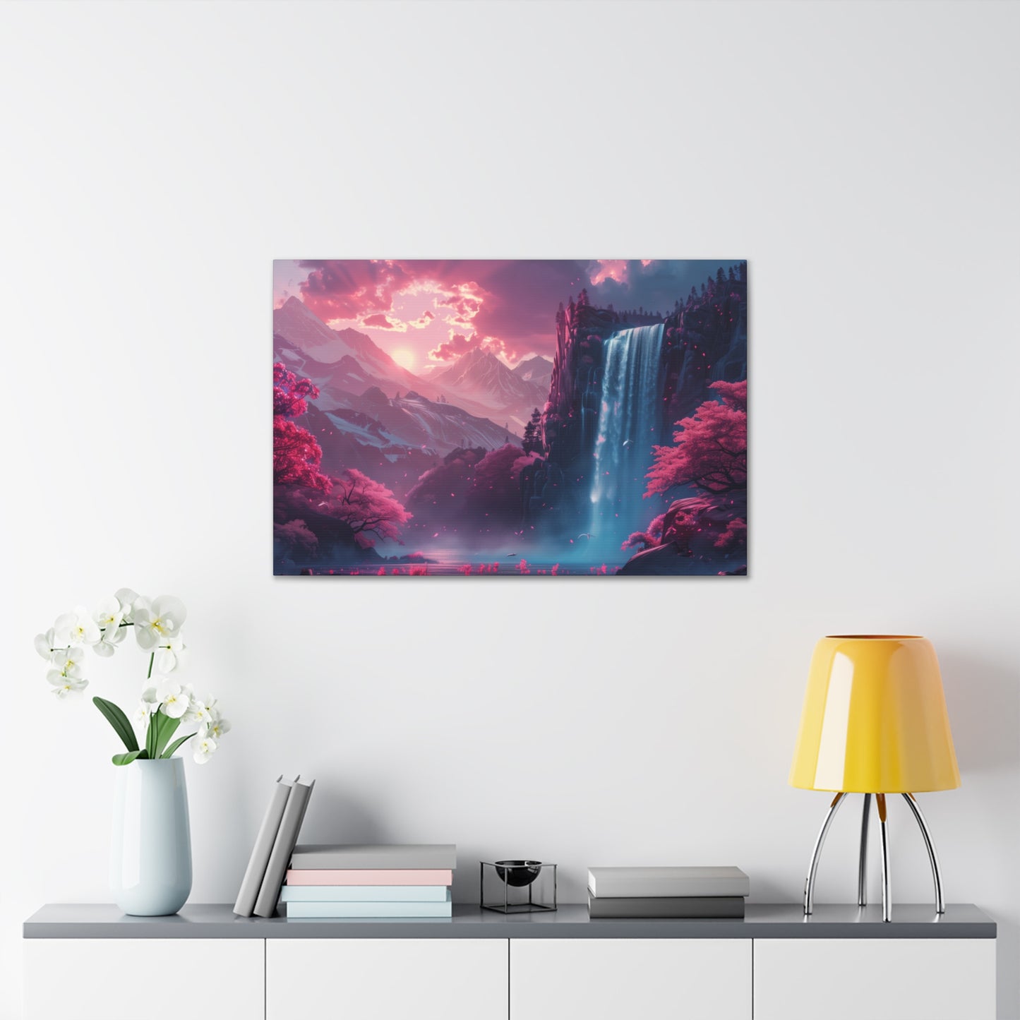 Dreamy Landscape Sunset with Waterfall and Mountains - Digital Illustration Canvas Gallery Wraps