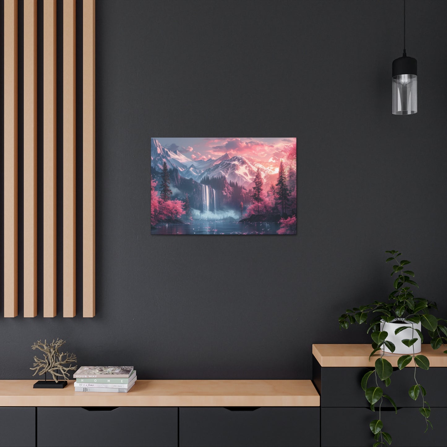 Dreamy Landscape Sunset with Waterfall and Mountains - Digital Illustration Canvas Gallery Wraps