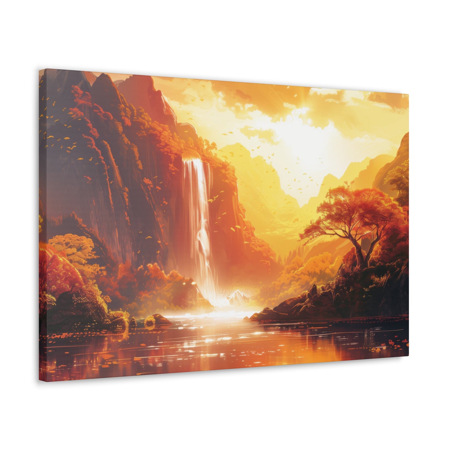 Dreamy Landscape Sunset with Waterfall and Mountains - Digital Illustration Canvas Gallery Wraps