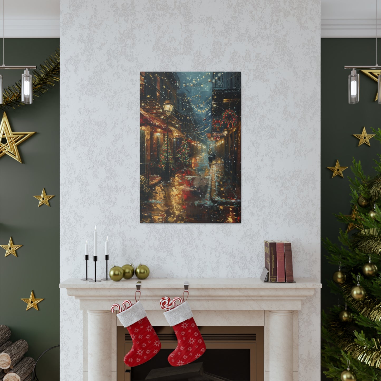 Christmas Time Downtown Street Corner - Rembrandt Style Digital Oil Painting  Canvas Gallery Wraps