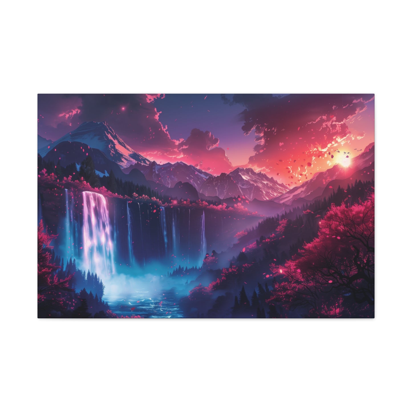 Dreamy Landscape Sunset with Waterfall and Mountains - Digital Illustration Canvas Gallery Wraps