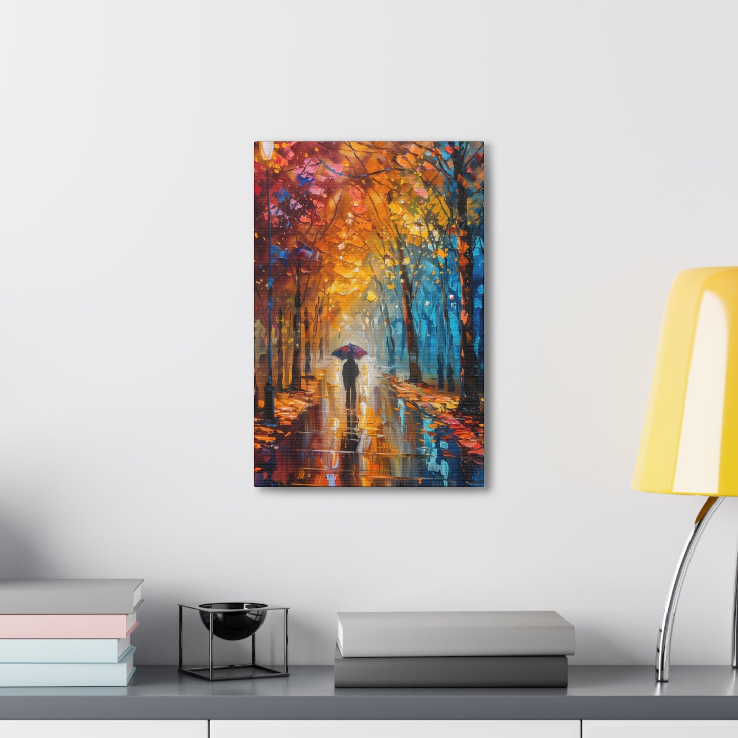 man walking through forest road with umbrella - Leonid Afremov Style Digital Print Canvas Gallery Wraps