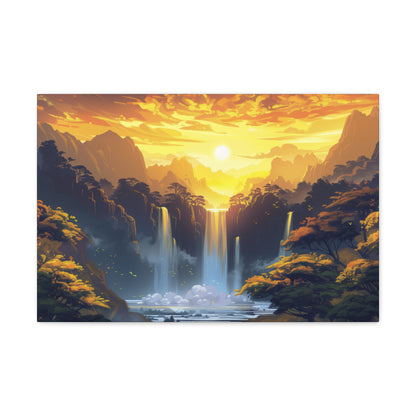 Dreamy Landscape - Waterfall and Mountains in Golden Morning Illustration Canvas Gallery Wraps