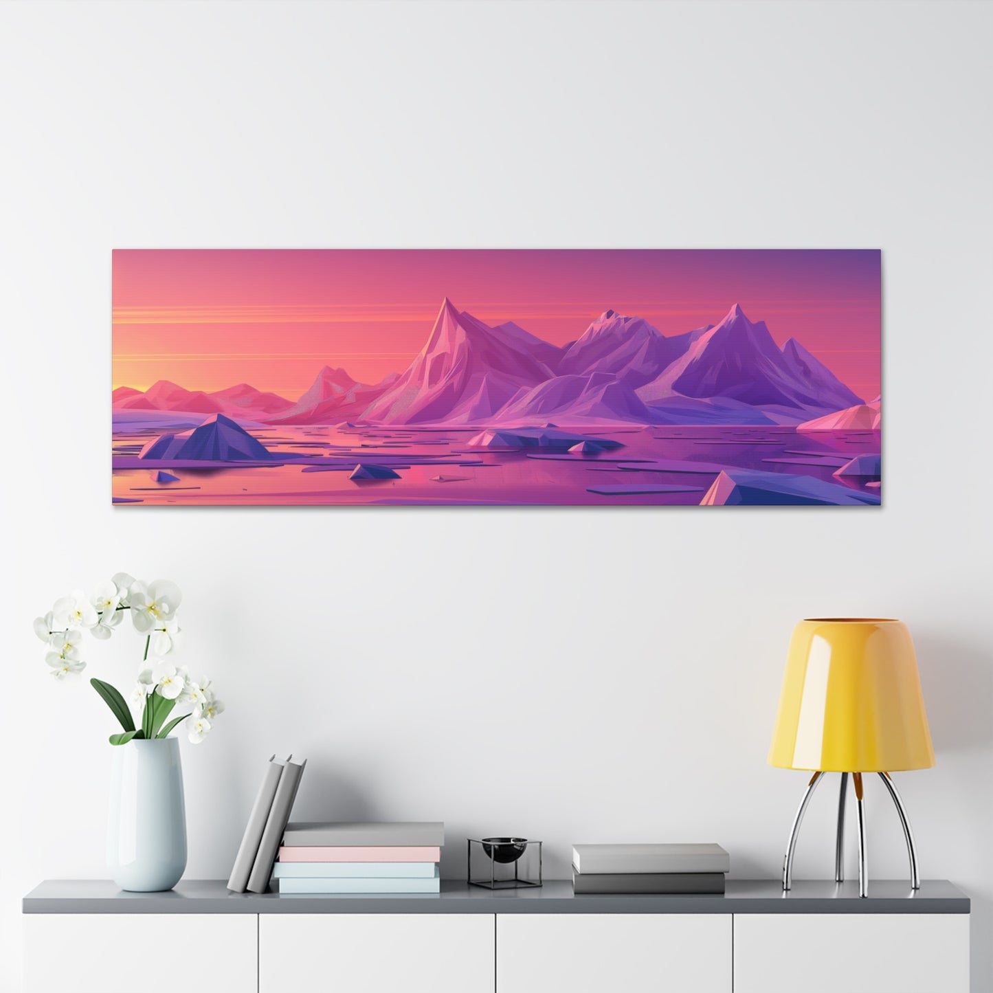 Snowy Mountain Evening in Antarctica - Digital Landscape Illustration Panorama Canvas Gallery Wraps