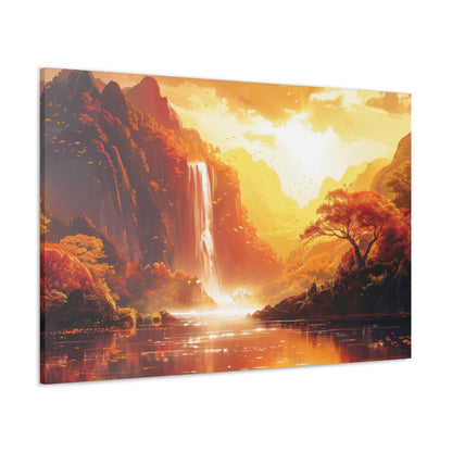 Dreamy Landscape Sunset with Waterfall and Mountains - Digital Illustration Canvas Gallery Wraps