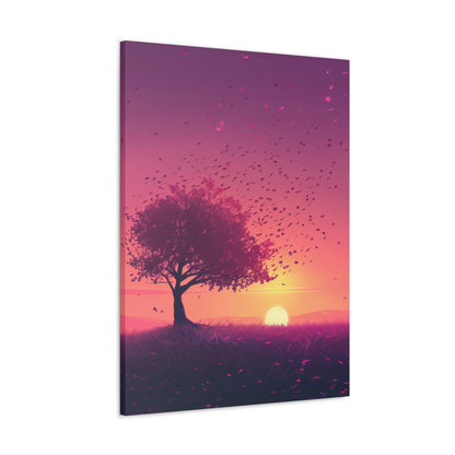 Tree in a Purple Sunset Digital Illustration Canvas Gallery Wraps