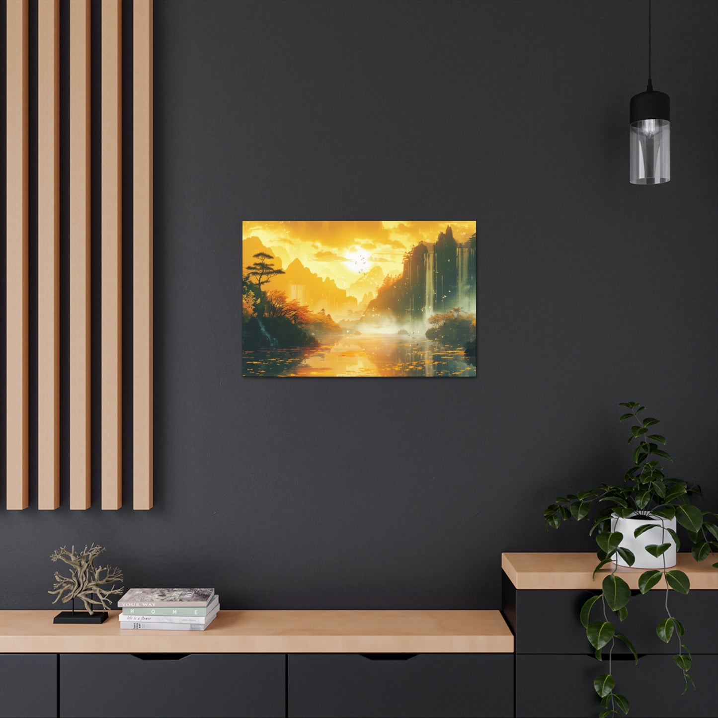 Dreamy Landscape Sunset with Waterfall and Mountains - Digital Illustration Canvas Gallery Wraps