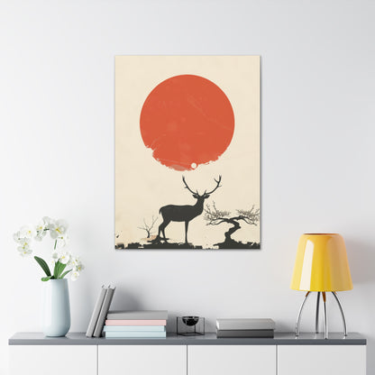 Deer and Sun - Takeshi Kitano Style Digital Illustration Canvas Gallery Wraps