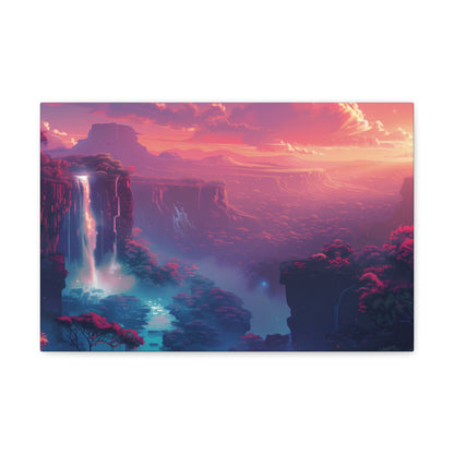 Dreamy Landscape with Waterfall and Mountains - Purple Evening Digital Illustration Canvas Gallery Wraps