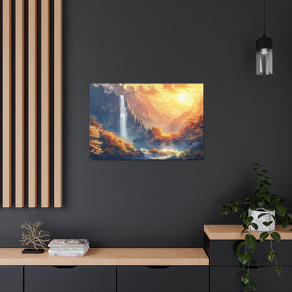 Dreamy Landscape - Waterfall and Mountains in Golden Morning Illustration Canvas Gallery Wraps