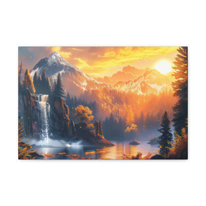 Dreamy Landscape Sunset with Waterfall and Mountains - Digital Illustration Canvas Gallery Wraps