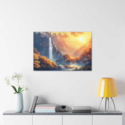 Dreamy Landscape - Waterfall and Mountains in Golden Morning Illustration Canvas Gallery Wraps