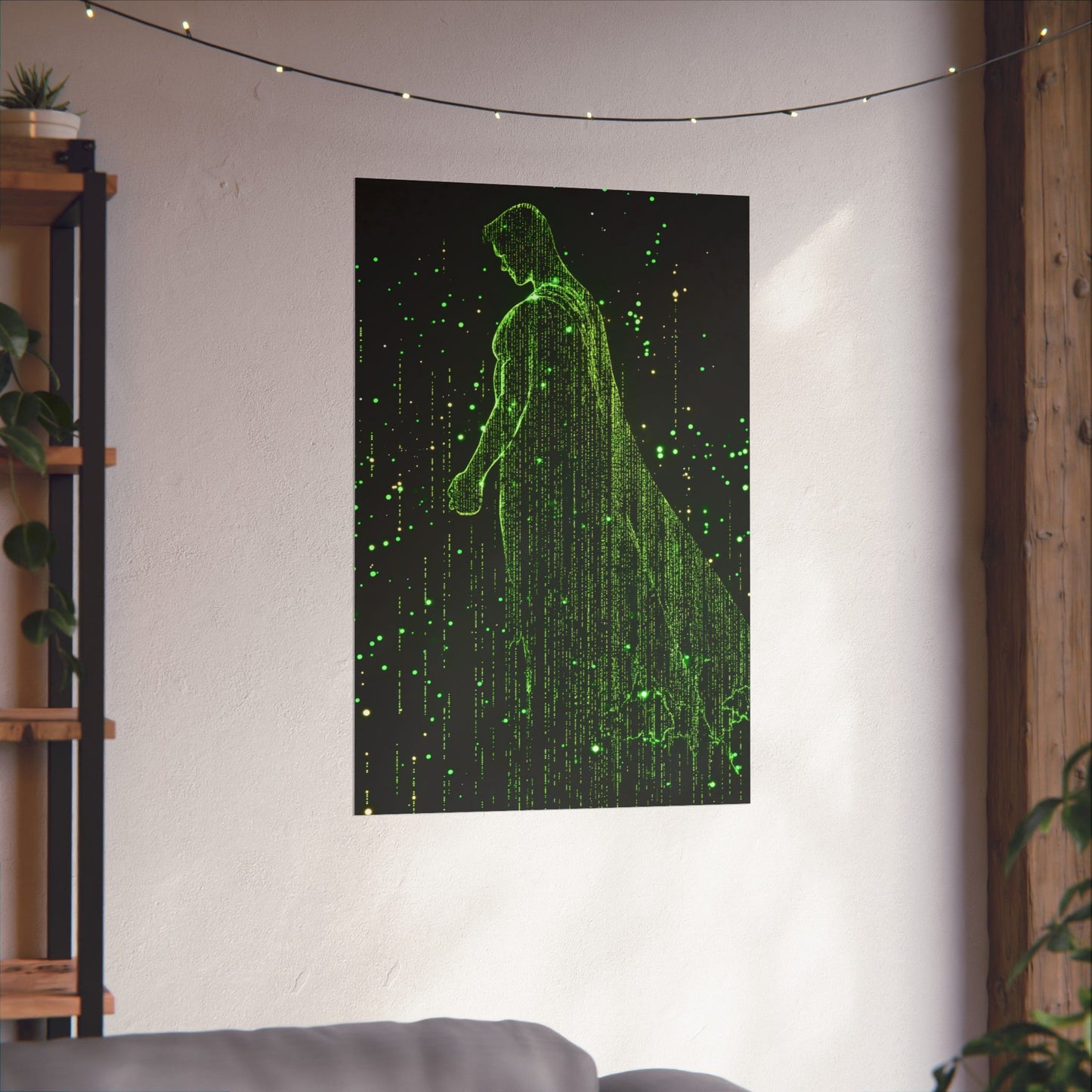 Neon Code Guardian: 3D Glitch Superman Matrix Effect - Digital Illustration Matte Vertical Poster