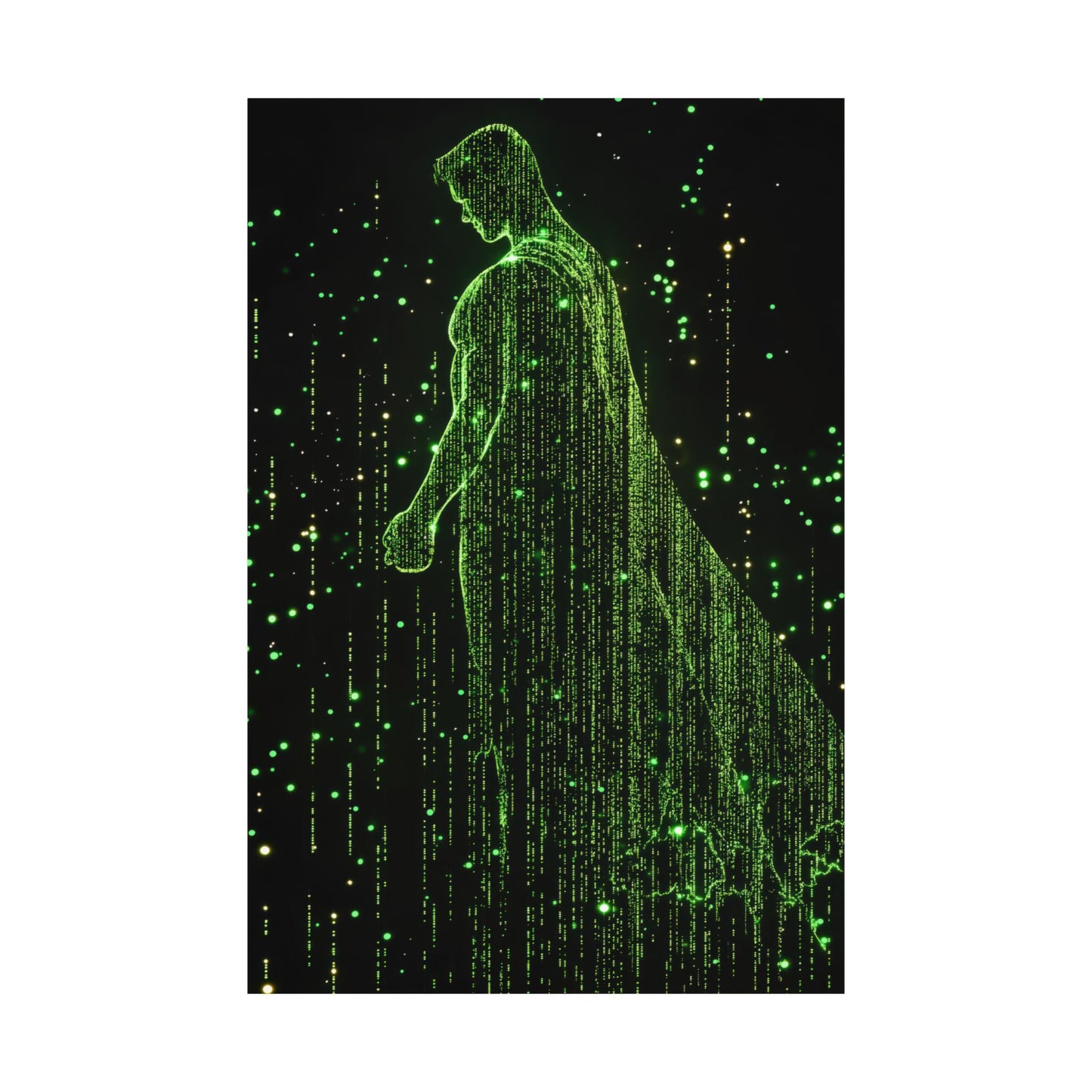 Neon Code Guardian: 3D Glitch Superman Matrix Effect - Digital Illustration Matte Vertical Poster