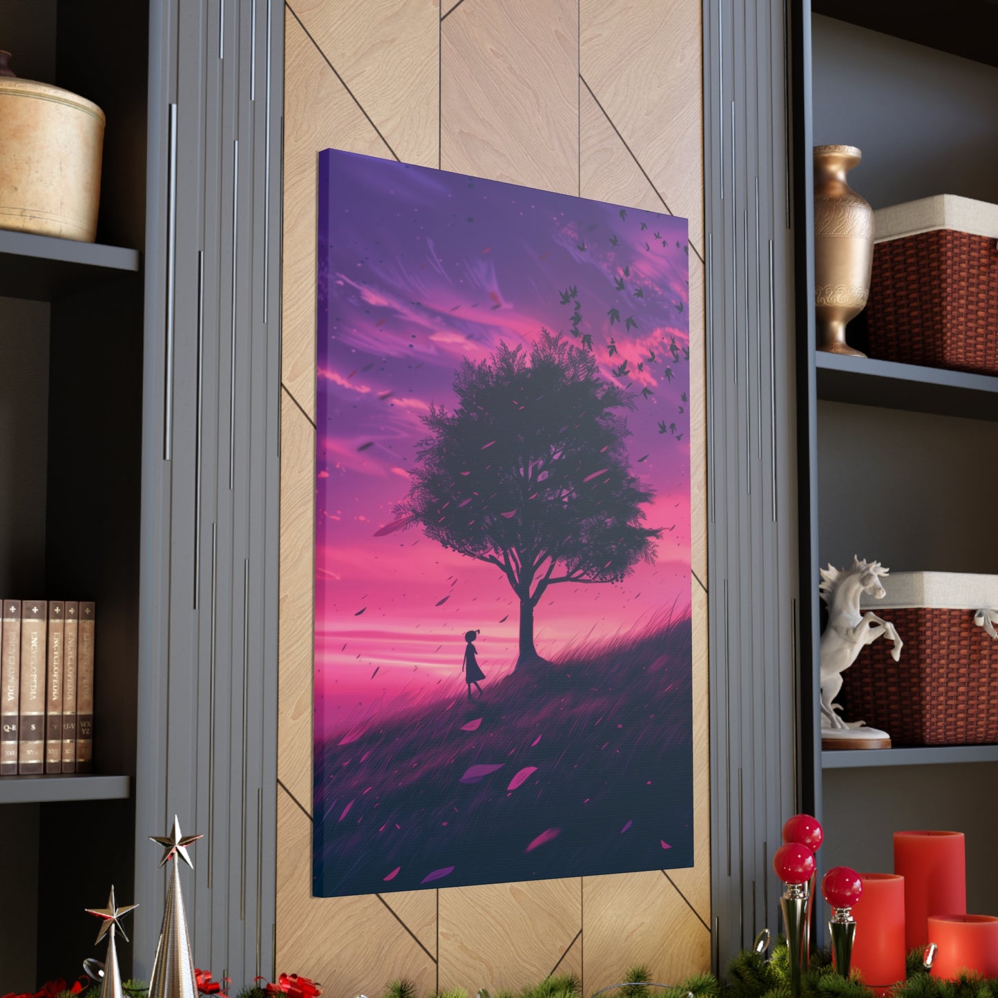 Tree in a Purple Sunset Digital Illustration Canvas Gallery Wraps