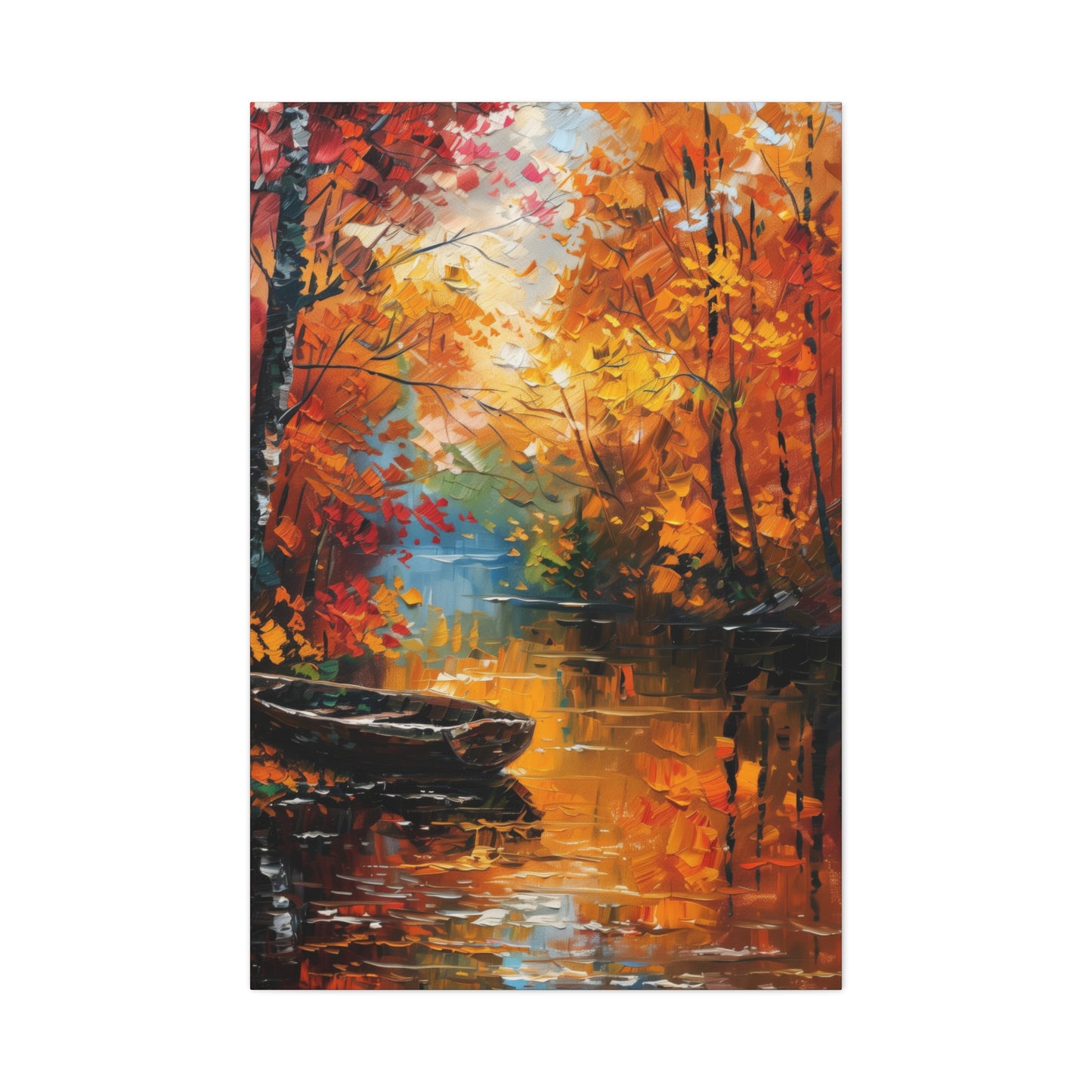 Boat in river side which flows through autumn forest - Leonid Afremov Style Digital Print Canvas Gallery Wraps