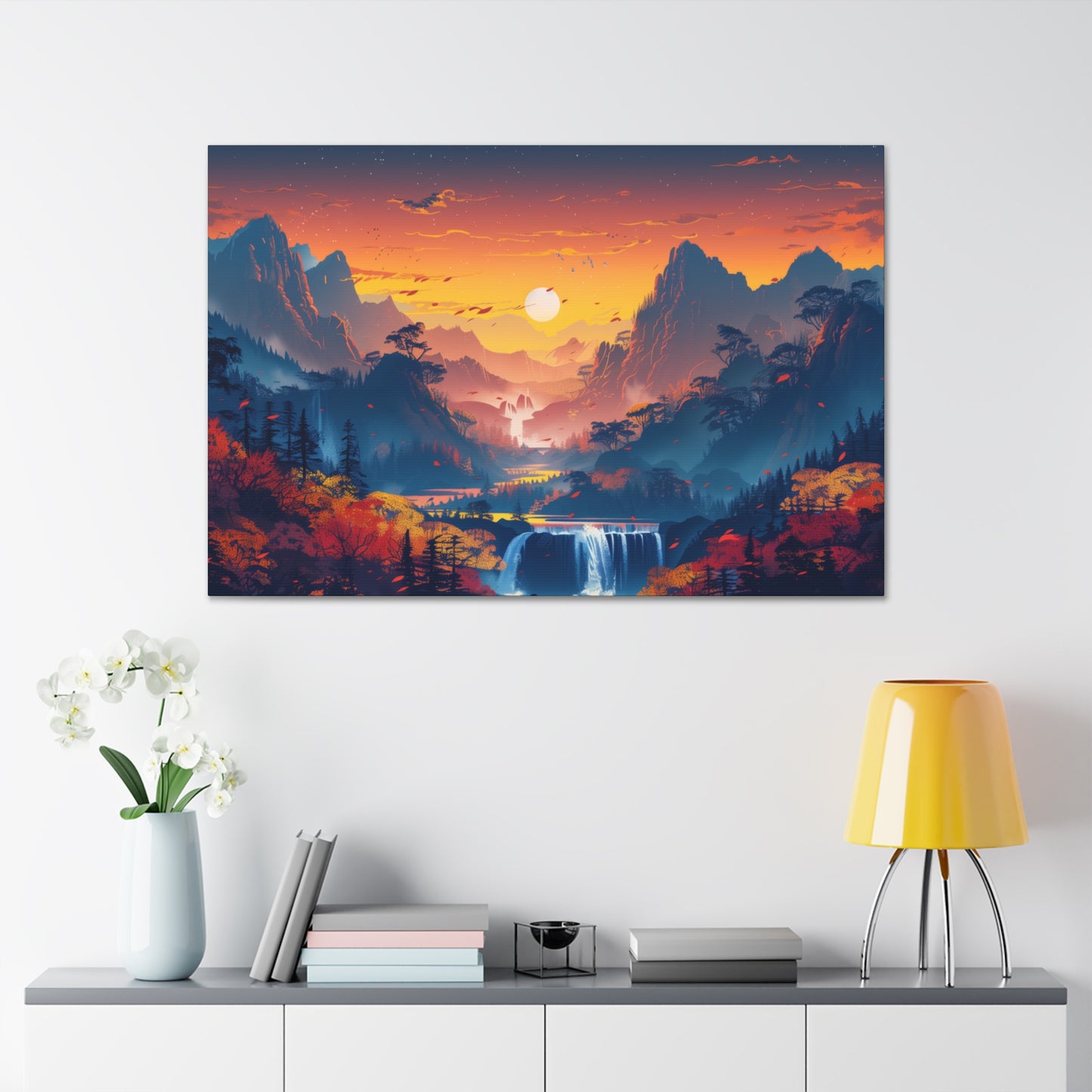 Dreamy Landscape Sunset with Waterfall and Mountains - Digital Illustration Canvas Gallery Wraps