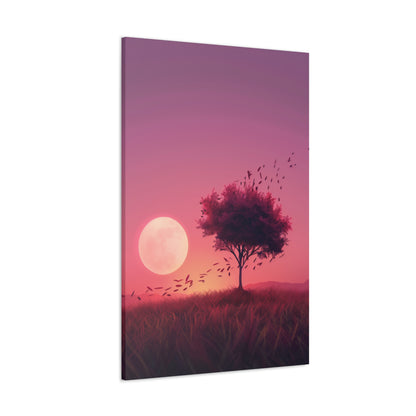 Tree in a Purple Sunset Digital Illustration Canvas Gallery Wraps