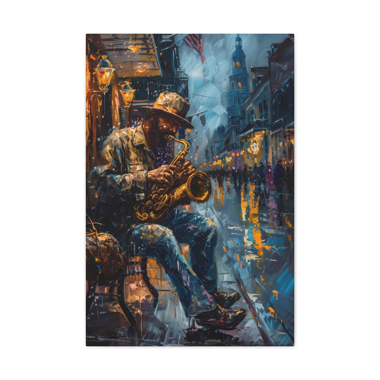 Man Playing Horn on the Street - Rembrandt Style Digital Oil Painting Canvas Gallery Wraps