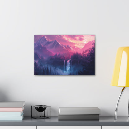 Dreamy Landscape Sunset with Waterfall and Mountains - Digital Illustration Canvas Gallery Wraps