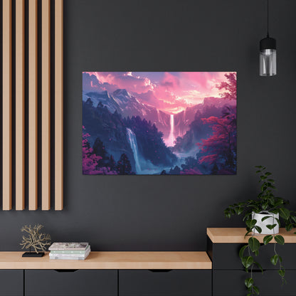 Dreamy Landscape with Waterfall and Mountains - Purple Evening Digital Illustration Canvas Gallery Wraps