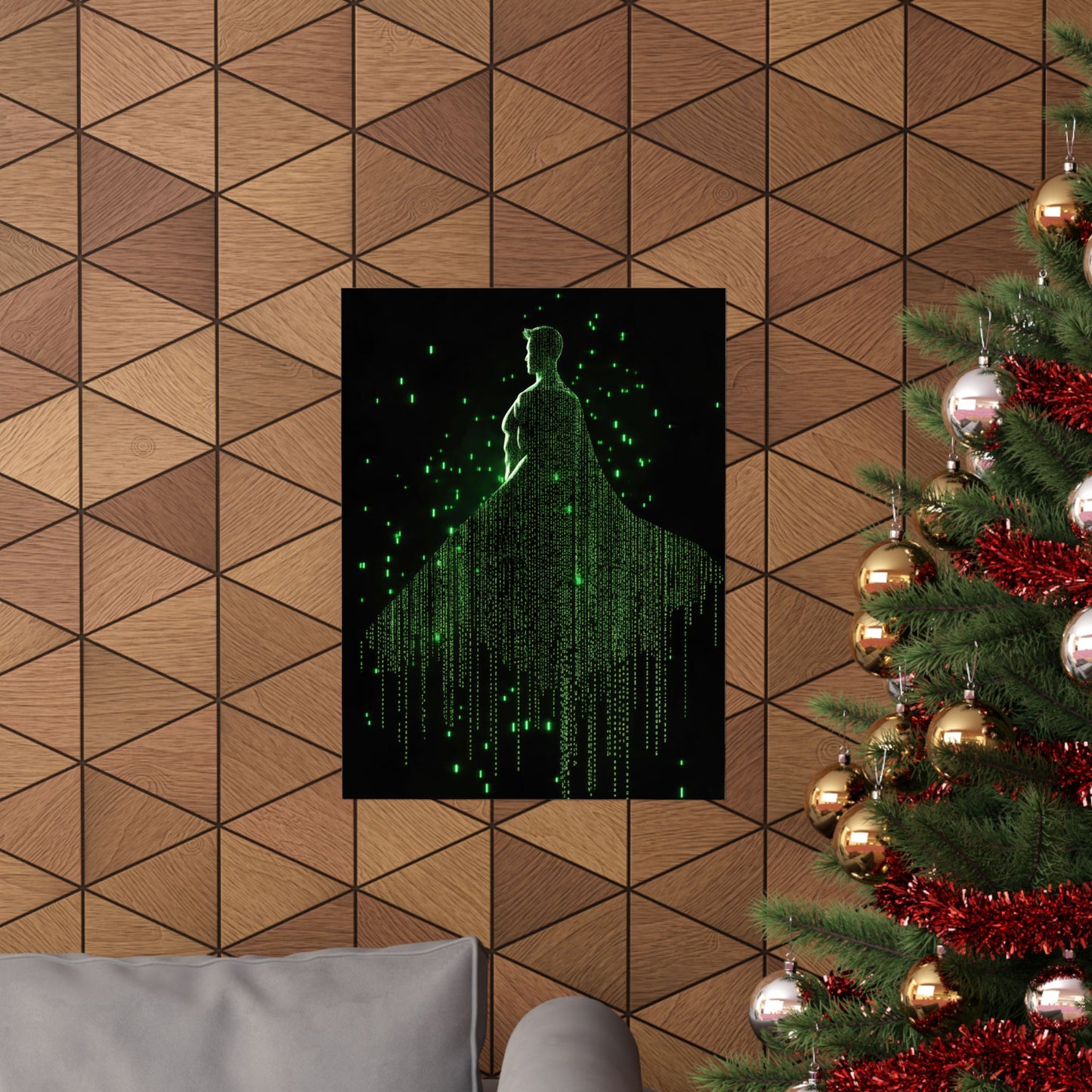 Neon Code Guardian: 3D Glitch Superman Matrix Effect - Digital Illustration Matte Vertical Poster