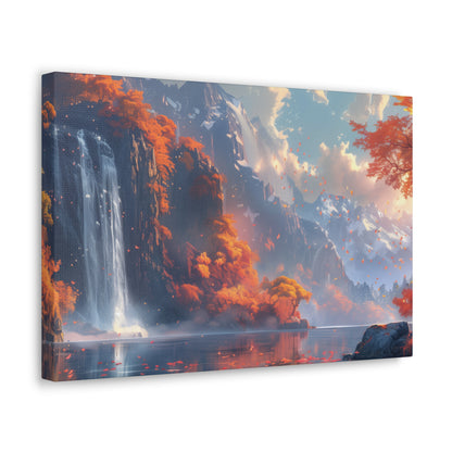 Dreamy Landscape Sunset with Waterfall and Mountains - Digital Illustration Canvas Gallery Wraps